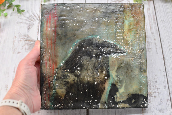 Raven Bird Original Encaustic Painting, Mixed Media Hand Painted Gift on Wood Cradle Board