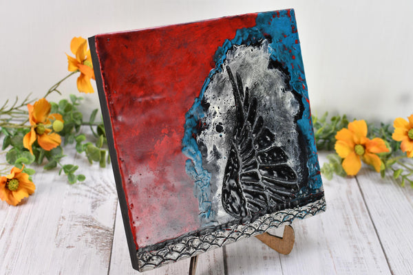 Bird Wing Original Encaustic Painting in Textured Red, Black, White, and Teal Blue, Hand Painted Gift on Wood Cradle Board