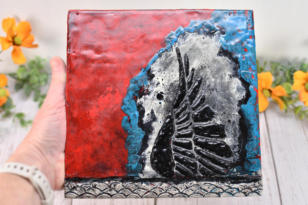 Bird Wing Original Encaustic Painting in Textured Red, Black, White, and Teal Blue, Hand Painted Gift on Wood Cradle Board