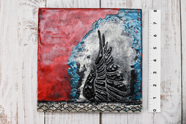 Bird Wing Original Encaustic Painting in Textured Red, Black, White, and Teal Blue, Hand Painted Gift on Wood Cradle Board