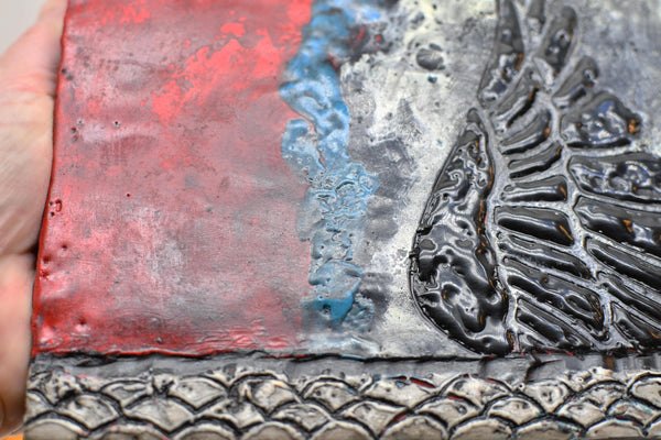 Bird Wing Original Encaustic Painting in Textured Red, Black, White, and Teal Blue, Hand Painted Gift on Wood Cradle Board