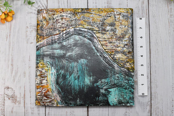 Raven Bird Original Encaustic Painting, Turquoise, Amber, and Black Mixed Media Hand Painted Gift on Wood Cradle Board