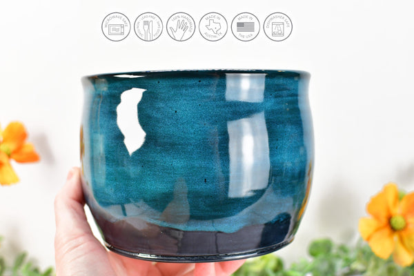 Ceramic Utensil Holder Crock for Kitchen Counter, Short Pottery Organizer in Black & Turquoise Blue | Cactus Flower Pot | Paint Brush Holder