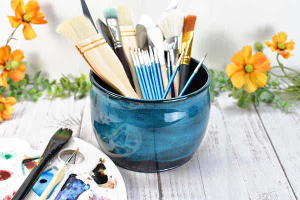 Ceramic Utensil Holder Crock for Kitchen Counter, Short Pottery Organizer in Black & Turquoise Blue | Cactus Flower Pot | Paint Brush Holder