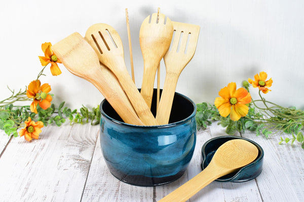 Ceramic Utensil Holder Crock for Kitchen Counter, Short Pottery Organizer in Black & Turquoise Blue | Cactus Flower Pot | Paint Brush Holder