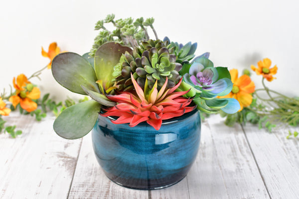 Ceramic Utensil Holder Crock for Kitchen Counter, Short Pottery Organizer in Black & Turquoise Blue | Cactus Flower Pot | Paint Brush Holder