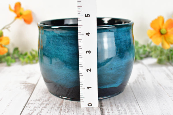 Ceramic Utensil Holder Crock for Kitchen Counter, Short Pottery Organizer in Black & Turquoise Blue | Cactus Flower Pot | Paint Brush Holder