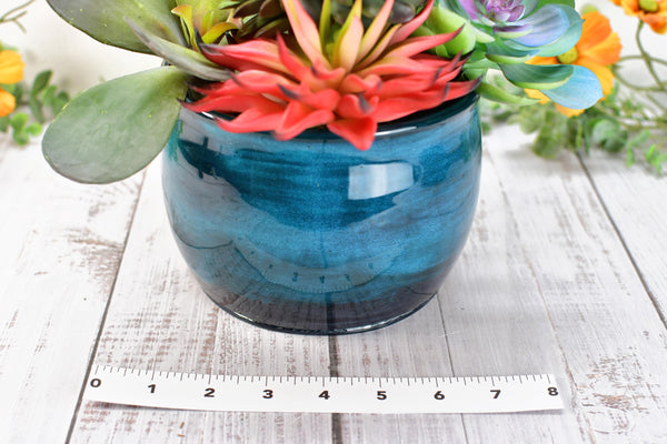Ceramic Utensil Holder Crock for Kitchen Counter, Short Pottery Organizer in Black & Turquoise Blue | Cactus Flower Pot | Paint Brush Holder