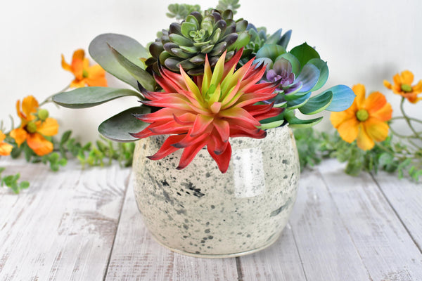 Ceramic Utensil Holder Crock for Kitchen Counter, Short Pottery Organizer, Black, White Gray Splatter | Cactus Pot | Paint Brush Holder