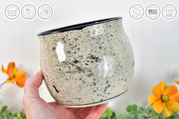 Ceramic Utensil Holder Crock for Kitchen Counter, Short Pottery Organizer, Black, White Gray Splatter | Cactus Pot | Paint Brush Holder