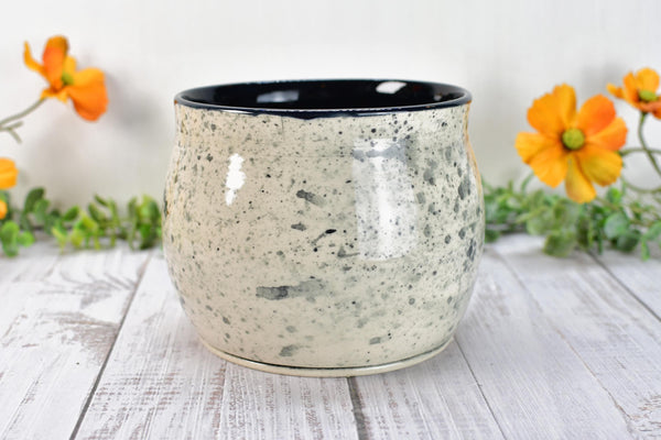 Ceramic Utensil Holder Crock for Kitchen Counter, Short Pottery Organizer, Black, White Gray Splatter | Cactus Pot | Paint Brush Holder