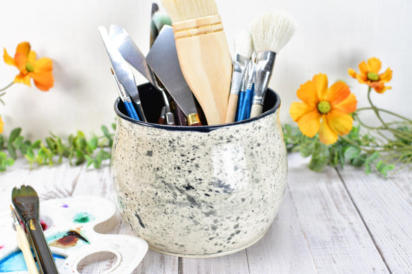Ceramic Utensil Holder Crock for Kitchen Counter, Short Pottery Organizer, Black, White Gray Splatter | Cactus Pot | Paint Brush Holder