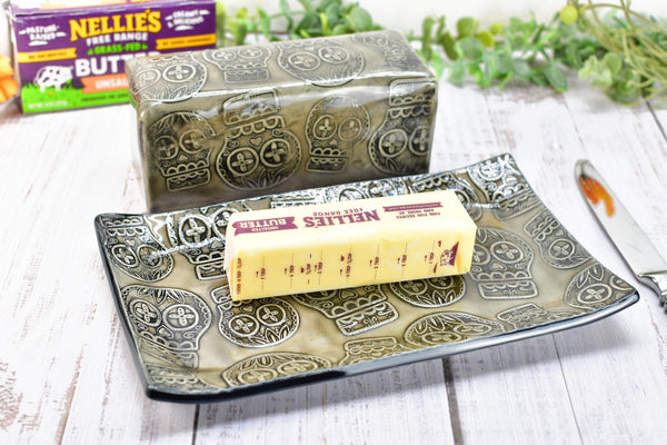 Sugar Skull Ceramic Butter Dish with Lid, Handmade 2 piece Cover Stoneware Pottery for Countertop & Dining Gift, Gray Black Seconds Sale