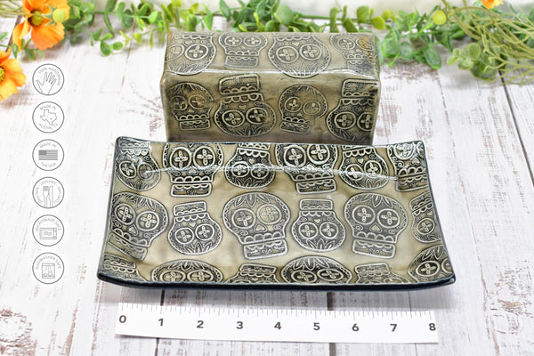 Sugar Skull Ceramic Butter Dish with Lid, Handmade 2 piece Cover Stoneware Pottery for Countertop & Dining Gift, Gray Black Seconds Sale
