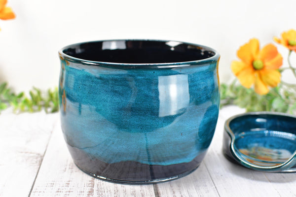 Ceramic Utensil Holder Crock for Kitchen Counter, Short Pottery Organizer in Black & Turquoise Blue | Cactus Flower Pot | Paint Brush Holder