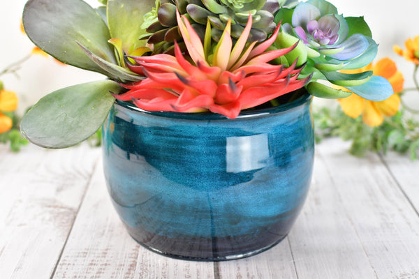 Ceramic Utensil Holder Crock for Kitchen Counter, Short Pottery Organizer in Black & Turquoise Blue | Cactus Flower Pot | Paint Brush Holder