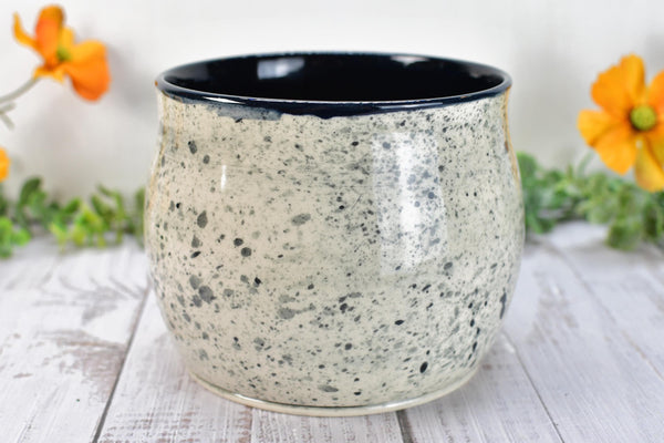 Ceramic Utensil Holder Crock for Kitchen Counter, Short Pottery Organizer, Black, White Gray Splatter | Cactus Pot | Paint Brush Holder
