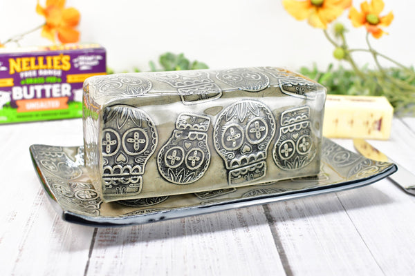 Sugar Skull Ceramic Butter Dish with Lid, Handmade 2 piece Cover Stoneware Pottery for Countertop & Dining Gift, Gray Black Seconds Sale