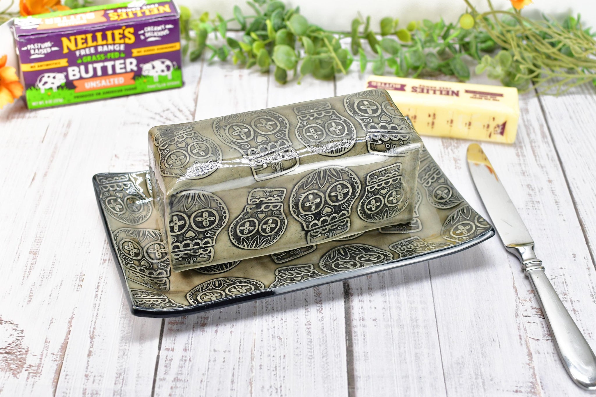 Sugar Skull Ceramic Butter Dish with Lid, Handmade 2 piece Cover Stoneware Pottery for Countertop & Dining Gift, Gray Black Seconds Sale