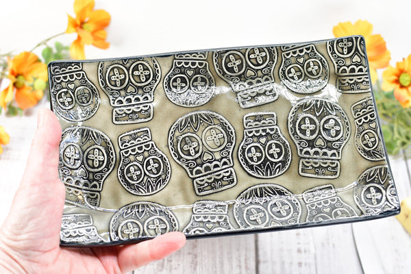 Sugar Skull Ceramic Butter Dish with Lid, Handmade 2 piece Cover Stoneware Pottery for Countertop & Dining Gift, Gray Black Seconds Sale