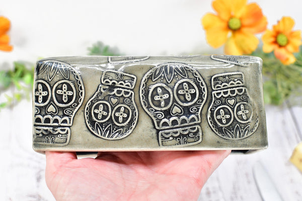 Sugar Skull Ceramic Butter Dish with Lid, Handmade 2 piece Cover Stoneware Pottery for Countertop & Dining Gift, Gray Black Seconds Sale