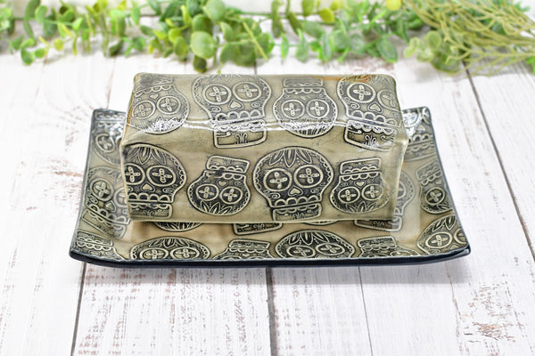 Sugar Skull Ceramic Butter Dish with Lid, Handmade 2 piece Cover Stoneware Pottery for Countertop & Dining Gift, Gray Black Seconds Sale