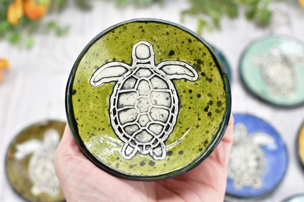Sea Turtle Ceramic Small Coffee Spoon Rest in Blue, Teal, Green - Handmade Beachy Ocean Life Decor Stoneware Pottery