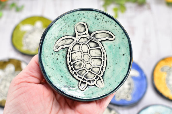 Sea Turtle Ceramic Small Coffee Spoon Rest in Blue, Teal, Green - Handmade Beachy Ocean Life Decor Stoneware Pottery