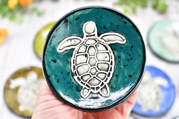 Sea Turtle Ceramic Small Coffee Spoon Rest in Blue, Teal, Green - Handmade Beachy Ocean Life Decor Stoneware Pottery