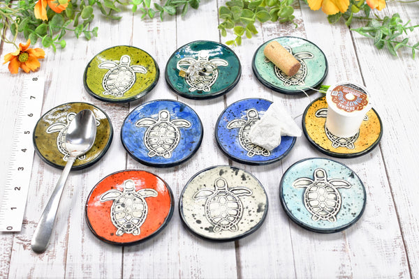 Sea Turtle Ceramic Small Coffee Spoon Rest in Blue, Teal, Green - Handmade Beachy Ocean Life Decor Stoneware Pottery