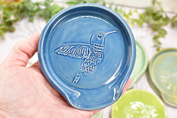 Hummingbird Spoon Rest Small Ceramic for Coffee Bar, Handmade Jewelry Trinket Dish, Stoneware Pottery Gift in Blue, Gray, Green, Turquoise