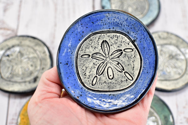 Sea Shell Ceramic Small Coffee Spoon Rest in Blue, Teal, Purple, Orange - Handmade Beach Decor Stoneware Pottery with Sand Dollars