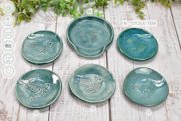 Hummingbird Spoon Rest Small Ceramic for Coffee Bar, Handmade Jewelry Trinket Dish, Stoneware Pottery Gift in Blue, Gray, Green, Turquoise