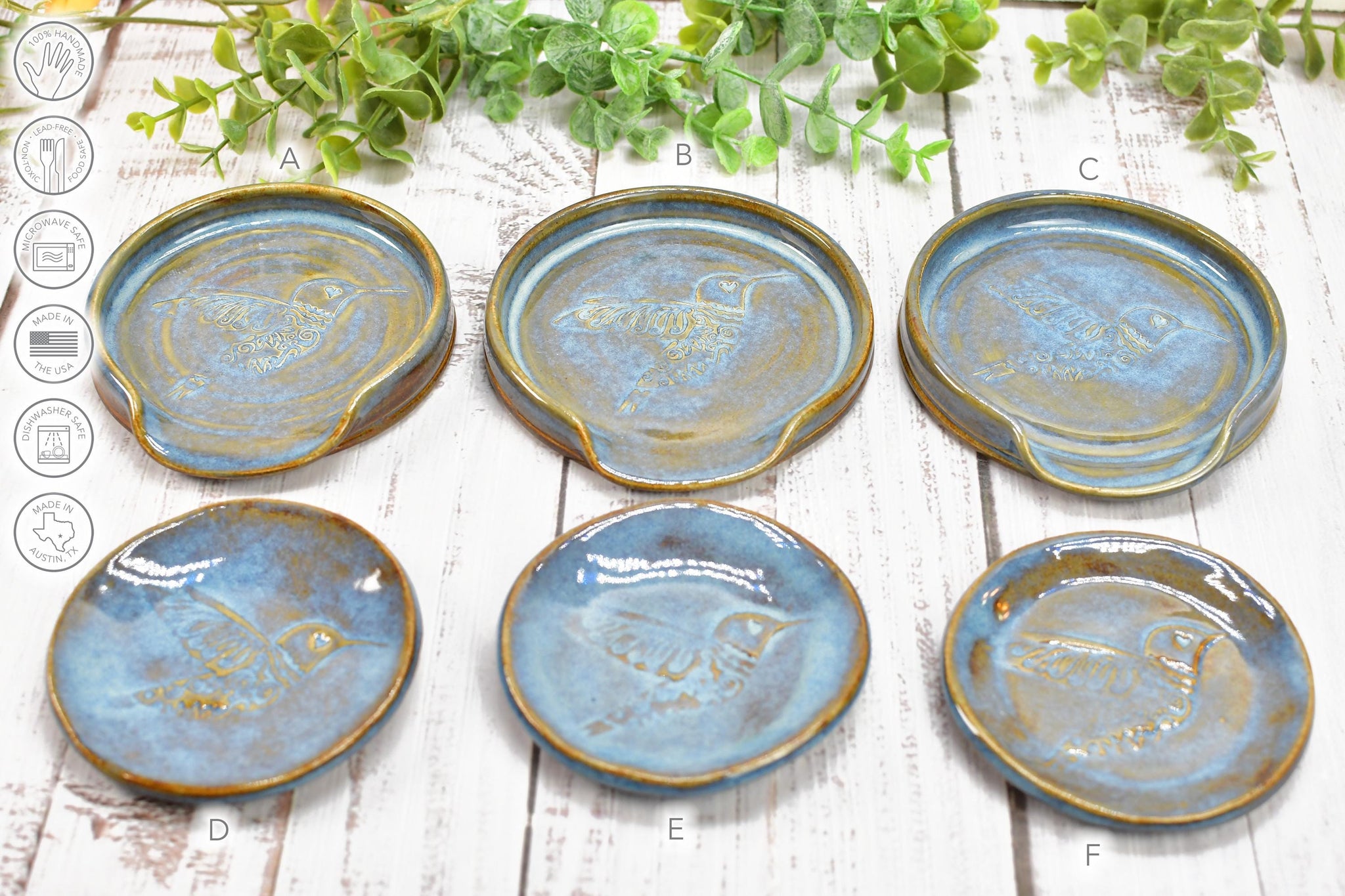Hummingbird Spoon Rest Small Ceramic for Coffee Bar, Handmade Jewelry Trinket Dish, Stoneware Pottery Gift in Blue, Gray, Green, Turquoise