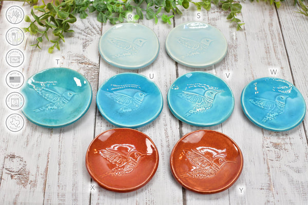 Hummingbird Spoon Rest Small Ceramic for Coffee Bar, Handmade Jewelry Trinket Dish, Stoneware Pottery Gift in Blue, Gray, Green, Turquoise