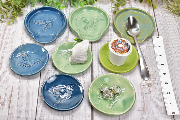 Hummingbird Spoon Rest Small Ceramic for Coffee Bar, Handmade Jewelry Trinket Dish, Stoneware Pottery Gift in Blue, Gray, Green, Turquoise