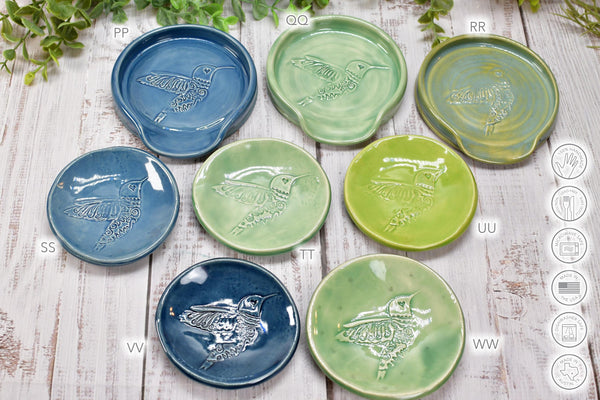 Hummingbird Spoon Rest Small Ceramic for Coffee Bar, Handmade Jewelry Trinket Dish, Stoneware Pottery Gift in Blue, Gray, Green, Turquoise