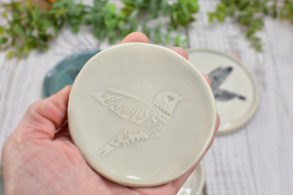 Hummingbird Spoon Rest Small Ceramic for Coffee Bar, Handmade Jewelry Trinket Dish, Stoneware Pottery Gift in Blue, Gray, Green, Turquoise