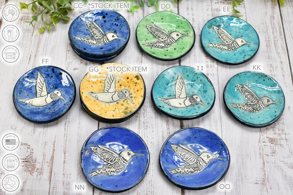 Hummingbird Spoon Rest Small Ceramic for Coffee Bar, Handmade Jewelry Trinket Dish, Stoneware Pottery Gift in Blue, Gray, Green, Turquoise