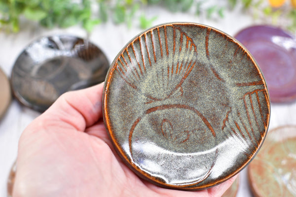 Sea Shell Ceramic Small Coffee Spoon Rest in Blue, Teal, Purple, Orange - Handmade Beach Decor Stoneware Pottery with Sand Dollars