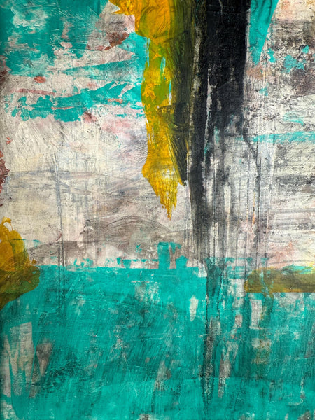 Original Painting: Turquoise Saturation. Abstract Hand Painted on Bristol Paper (UNFRAMED), Mixed Media Contemporary Art In Black & Orange