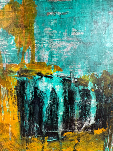 Original Painting: Turquoise Saturation. Abstract Hand Painted on Bristol Paper (UNFRAMED), Mixed Media Contemporary Art In Black & Orange