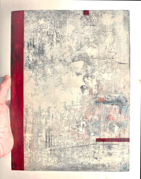 Original Painting: Courage. Abstract Hand Painted in Red, Cream & Gray. Bristol on Wood Cradle (UNFRAMED), Mixed Media Art Ready to Hang