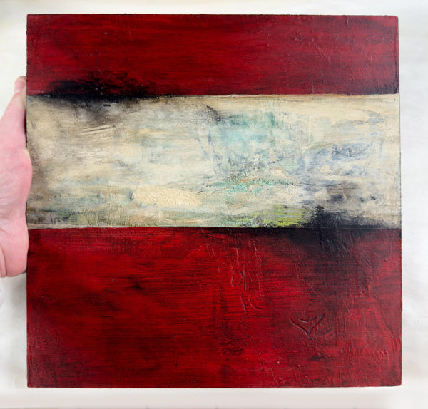 Original Painting: Altered State. Abstract Hand Painted Red, Cream & Black. Birch Wood Cradle Board (UNFRAMED) Mixed Media Art Ready to Hang