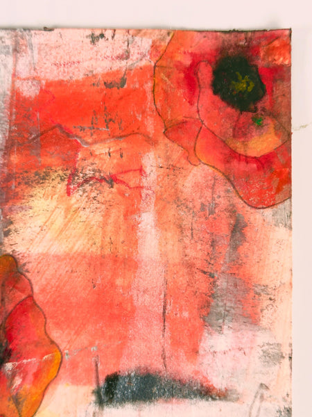Original Painting: Poppies. Abstract Hand Painted on Arches Paper (UNFRAMED), Mixed Media Floral Art In Red, Gray, Black, Green & Orange