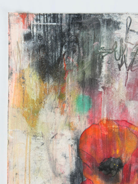 Original Painting: Poppies. Abstract Hand Painted on Arches Paper (UNFRAMED), Mixed Media Floral Art In Red, Gray, Black, Green & Orange