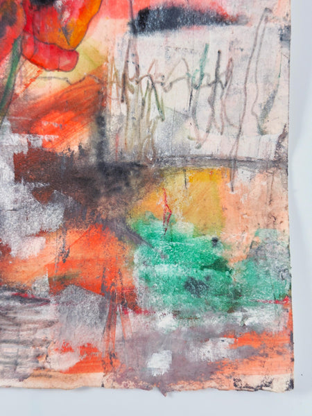 Original Painting: Poppies. Abstract Hand Painted on Arches Paper (UNFRAMED), Mixed Media Floral Art In Red, Gray, Black, Green & Orange