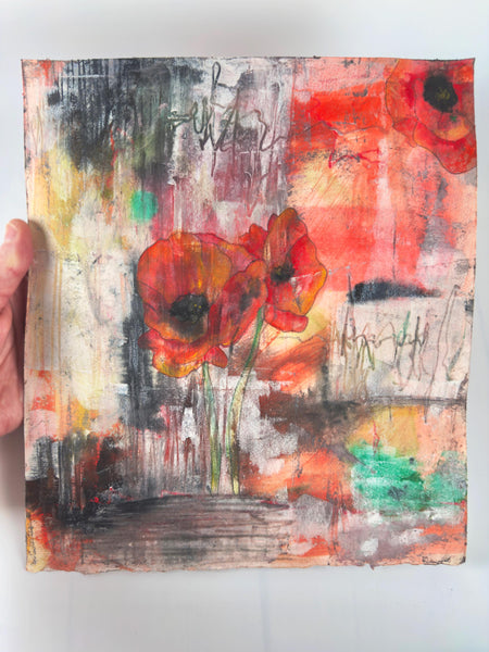 Original Painting: Poppies. Abstract Hand Painted on Arches Paper (UNFRAMED), Mixed Media Floral Art In Red, Gray, Black, Green & Orange