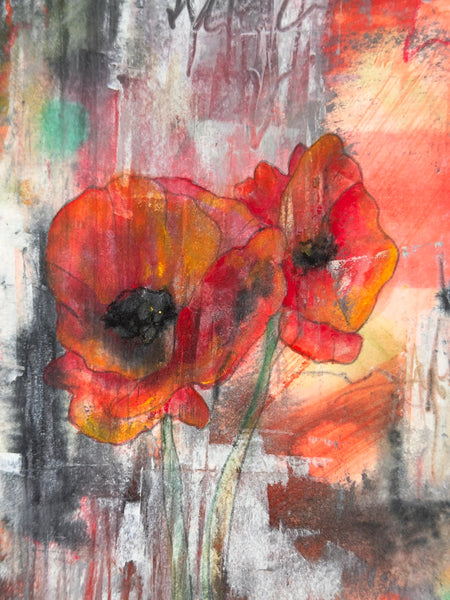 Original Painting: Poppies. Abstract Hand Painted on Arches Paper (UNFRAMED), Mixed Media Floral Art In Red, Gray, Black, Green & Orange