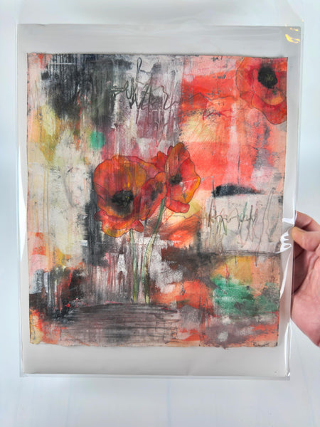 Original Painting: Poppies. Abstract Hand Painted on Arches Paper (UNFRAMED), Mixed Media Floral Art In Red, Gray, Black, Green & Orange